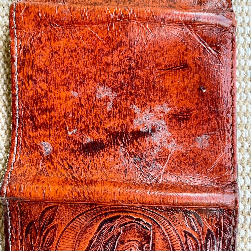 Vintage Brown Tooled Leather Jesus Trifold Wallet Snaps Men’s Made in U.S.A. - Picture 7 of 12